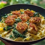 Garlic Chicken Bites & Creamy Cajun Spinach Artichoke Alfredo Pasta