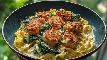 Garlic Chicken Bites & Creamy Cajun Spinach Artichoke Alfredo Pasta