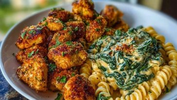 Garlic Parmesan Chicken Bites with Hot Cajun Alfredo & Crispy Spinach Twists 1