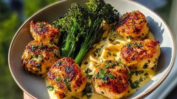 Garlic-Parmesan Chicken Bites with Sun-Dried Tomato Cajun Alfredo & Charred Broccolini