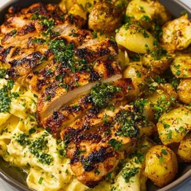 Greek Chicken Alfredo & Garlic Potatoes with Spicy Hot Honey Tahini Pesto