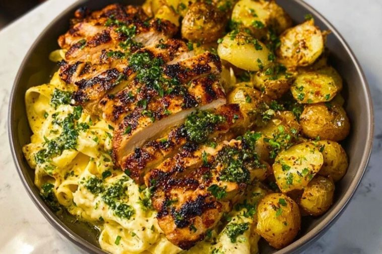 Greek Chicken Alfredo & Garlic Potatoes with Spicy Hot Honey Tahini Pesto