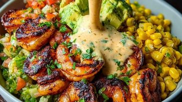 Grilled Shrimp Bowl with Avocado, Corn Salsa & Creamy Sauce
