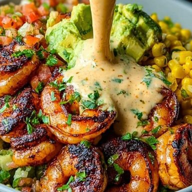 Grilled Shrimp Bowl with Avocado, Corn Salsa & Creamy Sauce