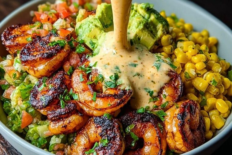 Grilled Shrimp Bowl with Avocado, Corn Salsa & Creamy Sauce