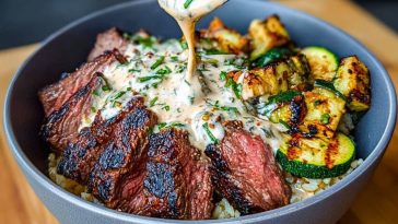 Grilled Steak Bowl with Creamy Sauce & Grilled Zucchini