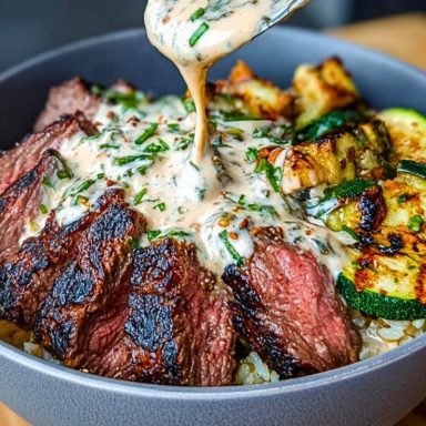 Grilled Steak Bowl with Creamy Sauce & Grilled Zucchini