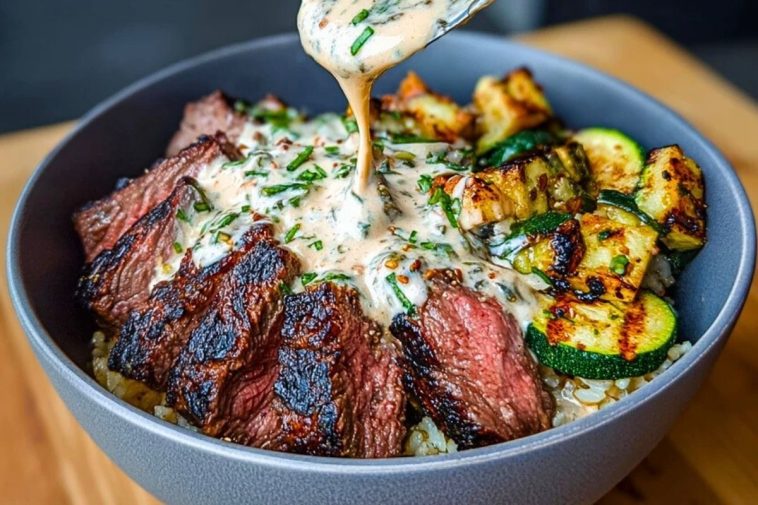 Grilled Steak Bowl with Creamy Sauce & Grilled Zucchini