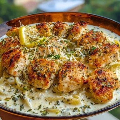 Herbed Chicken Alfredo with Truffle Feta Cream & Crispy Parmesan Leeks