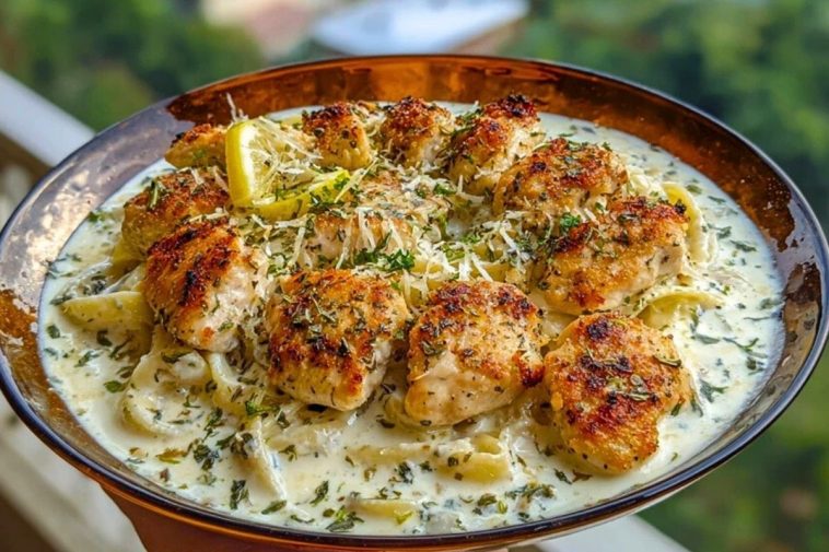 Herbed Chicken Alfredo with Truffle Feta Cream & Crispy Parmesan Leeks