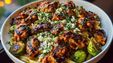 Hot Honey Balsamic Chicken Alfredo with Whipped Feta & Crispy Brussels Chips