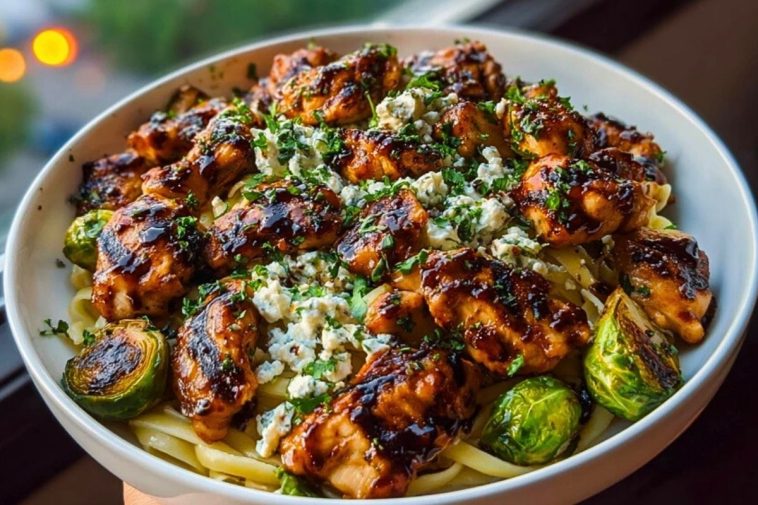 Hot Honey Balsamic Chicken Alfredo with Whipped Feta & Crispy Brussels Chips