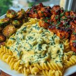 Hot Honey Cajun Chicken Alfredo with Basil Feta Swirl & Crispy Brussels Chips 1