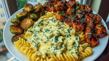 Hot Honey Cajun Chicken Alfredo with Basil Feta Swirl & Crispy Brussels Chips 1