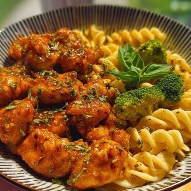 Hot Honey Garlic Chicken Bites & Cajun Alfredo with Crispy Broccoli Twists