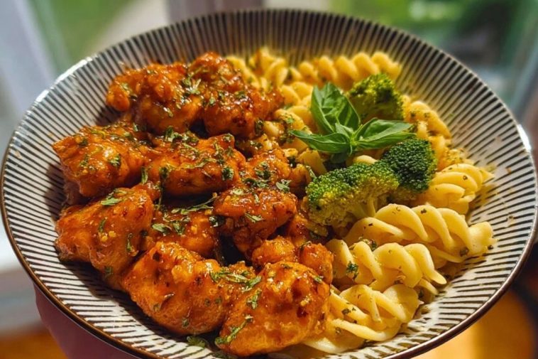 Hot Honey Garlic Chicken Bites & Cajun Alfredo with Crispy Broccoli Twists