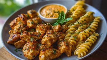 Lemon Pepper Chicken Bites & Roasted Red Pepper Cajun Alfredo Twists