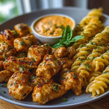 Lemon Pepper Chicken Bites & Roasted Red Pepper Cajun Alfredo Twists