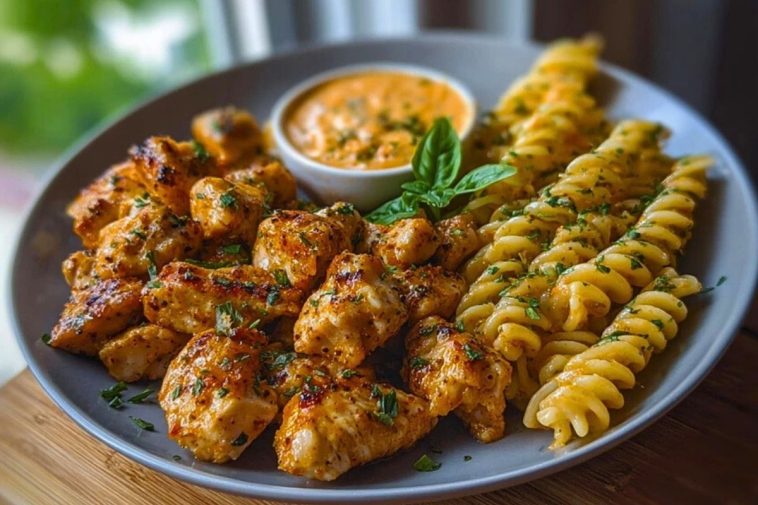 Lemon Pepper Chicken Bites & Roasted Red Pepper Cajun Alfredo Twists