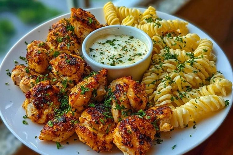 Lemon Cajun Chicken Bites with Creamy Garlic Herb Alfredo Twists