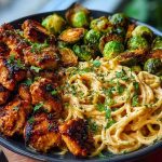 Maple Garlic Chicken Bites with Spicy Cajun Alfredo & Crispy Brussels Twists