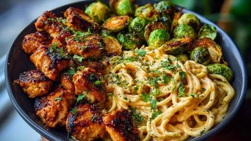 Maple Garlic Chicken Bites with Spicy Cajun Alfredo & Crispy Brussels Twists