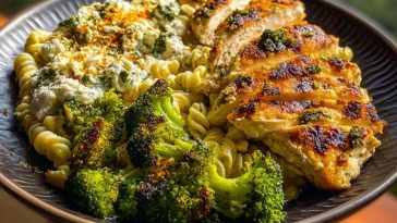 Pesto Chicken Alfredo with Spicy Feta Cream & Parmesan Broccoli Crunch
