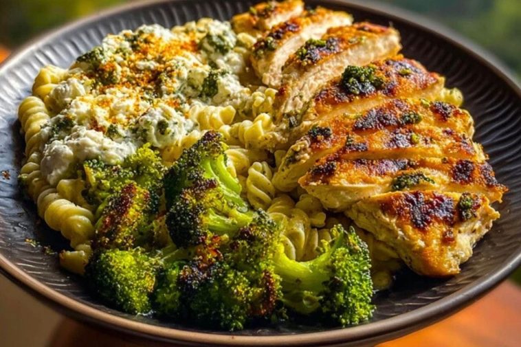 Pesto Chicken Alfredo with Spicy Feta Cream & Parmesan Broccoli Crunch