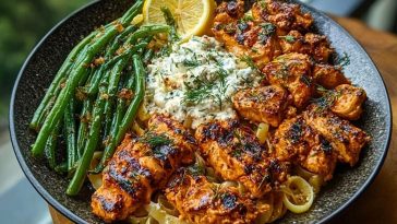 Smoky Paprika Chicken Alfredo with Lemon Feta Whip & Charred Green Beans