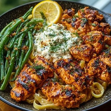 Smoky Paprika Chicken Alfredo with Lemon Feta Whip & Charred Green Beans