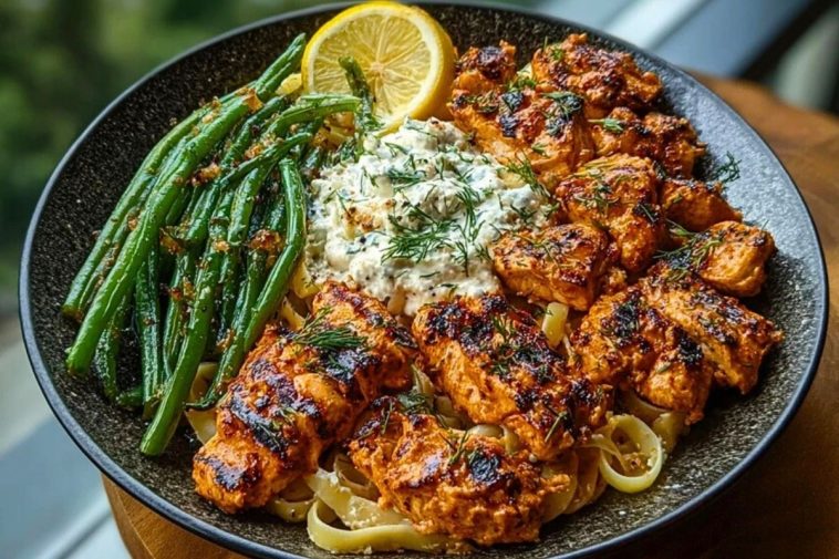 Smoky Paprika Chicken Alfredo with Lemon Feta Whip & Charred Green Beans