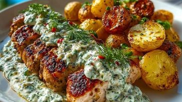 Spicy Yogurt Marinated Chicken with Dill Feta Cream & Crispy Baby Potatoes