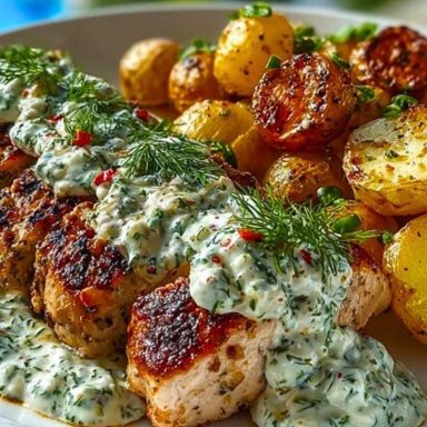Spicy Yogurt Marinated Chicken with Dill Feta Cream & Crispy Baby Potatoes