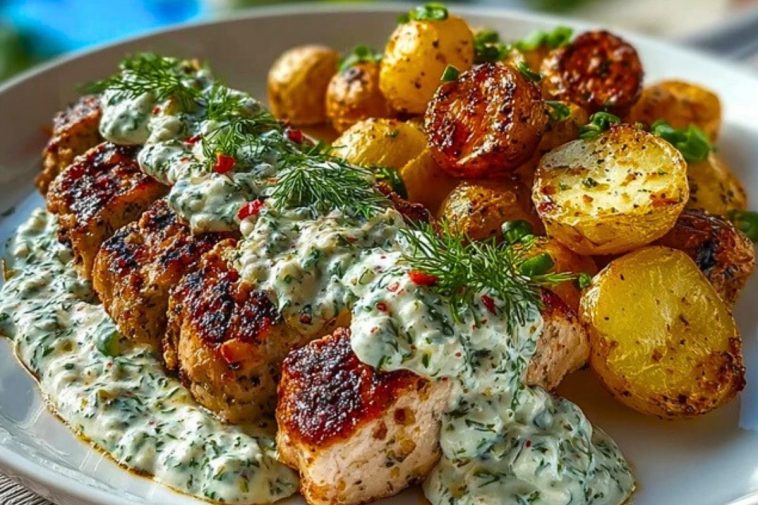 Spicy Yogurt Marinated Chicken with Dill Feta Cream & Crispy Baby Potatoes