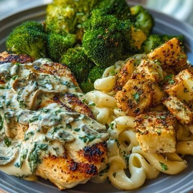 Spinach-Artichoke Greek Chicken Alfredo & Crispy Parmesan Broccoli with Mushroom Basil Cream
