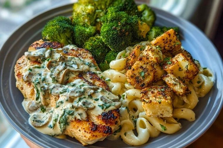Spinach-Artichoke Greek Chicken Alfredo & Crispy Parmesan Broccoli with Mushroom Basil Cream