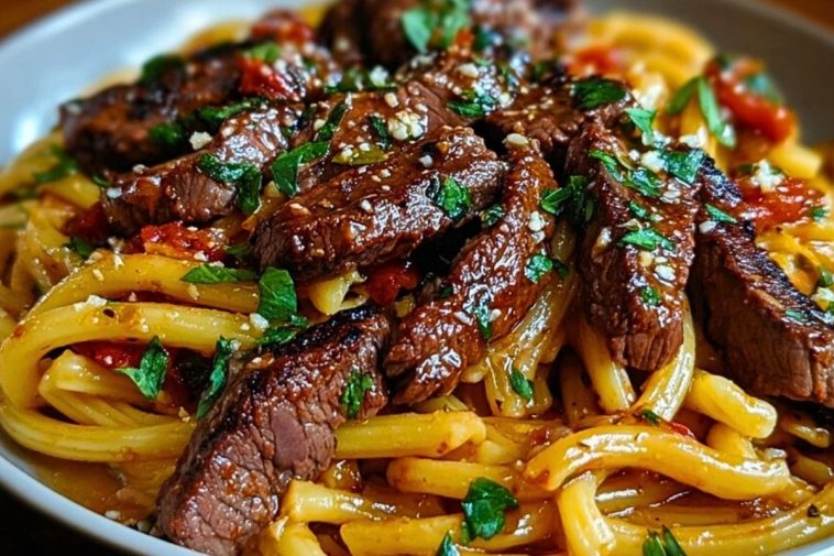 Sweet and Spicy Garlic Steak Pasta