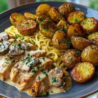 Ultimate Creamy Mushroom Garlic Chicken Alfredo Recipe with Hot Honey Roasted Potatoes