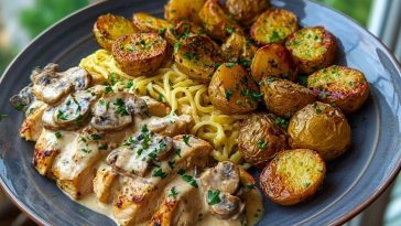 Ultimate Creamy Mushroom Garlic Chicken Alfredo Recipe with Hot Honey Roasted Potatoes
