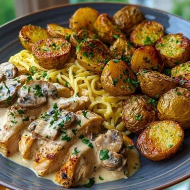Ultimate Creamy Mushroom Garlic Chicken Alfredo Recipe with Hot Honey Roasted Potatoes