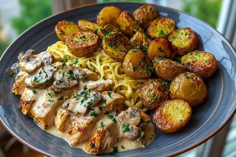 Ultimate Creamy Mushroom Garlic Chicken Alfredo Recipe with Hot Honey Roasted Potatoes