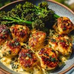 Ultimate Garlic-Parmesan Chicken Bites Recipe with Sun-Dried Tomato Cajun Alfredo and Charred Broccolini