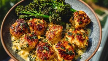 Ultimate Garlic-Parmesan Chicken Bites Recipe with Sun-Dried Tomato Cajun Alfredo and Charred Broccolini