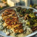 Ultimate Spinach-Artichoke Greek Chicken Alfredo Recipe with Crispy Parmesan Broccoli and Mushroom Basil Cream Sauce