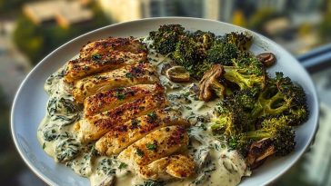 Ultimate Spinach-Artichoke Greek Chicken Alfredo Recipe with Crispy Parmesan Broccoli and Mushroom Basil Cream Sauce