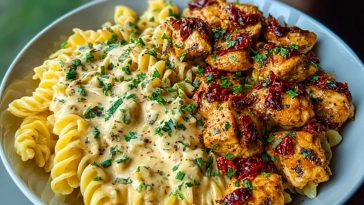 Ultimate Tuscan Garlic Chicken Bites Recipe with Sun-Dried Tomato Cajun Alfredo Pasta