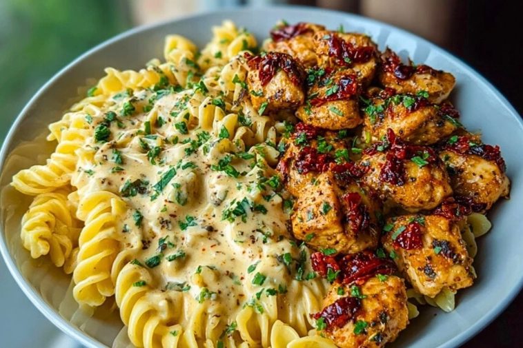 Ultimate Tuscan Garlic Chicken Bites Recipe with Sun-Dried Tomato Cajun Alfredo Pasta