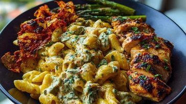 Zesty Greek Chicken Pasta with Spicy Harissa Feta Cream & Roasted Asparagus Crisps
