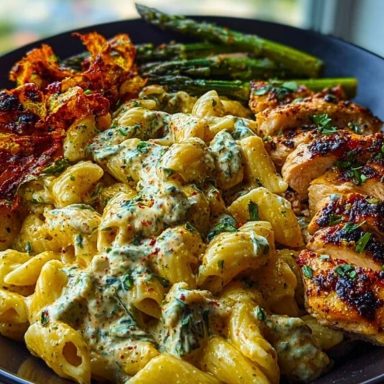 Zesty Greek Chicken Pasta with Spicy Harissa Feta Cream & Roasted Asparagus Crisps