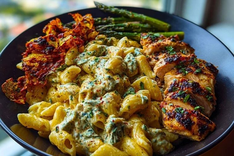 Zesty Greek Chicken Pasta with Spicy Harissa Feta Cream & Roasted Asparagus Crisps